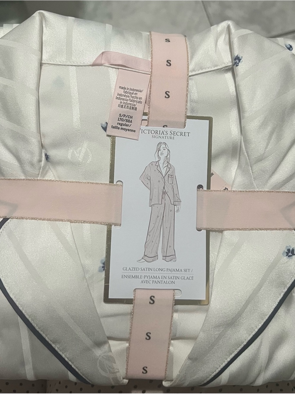 Victoria's Secret Ivory Satin Pajama Set with Navy Trim